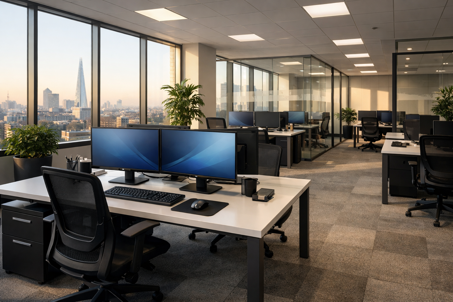 A modern office in central london with lots of computers