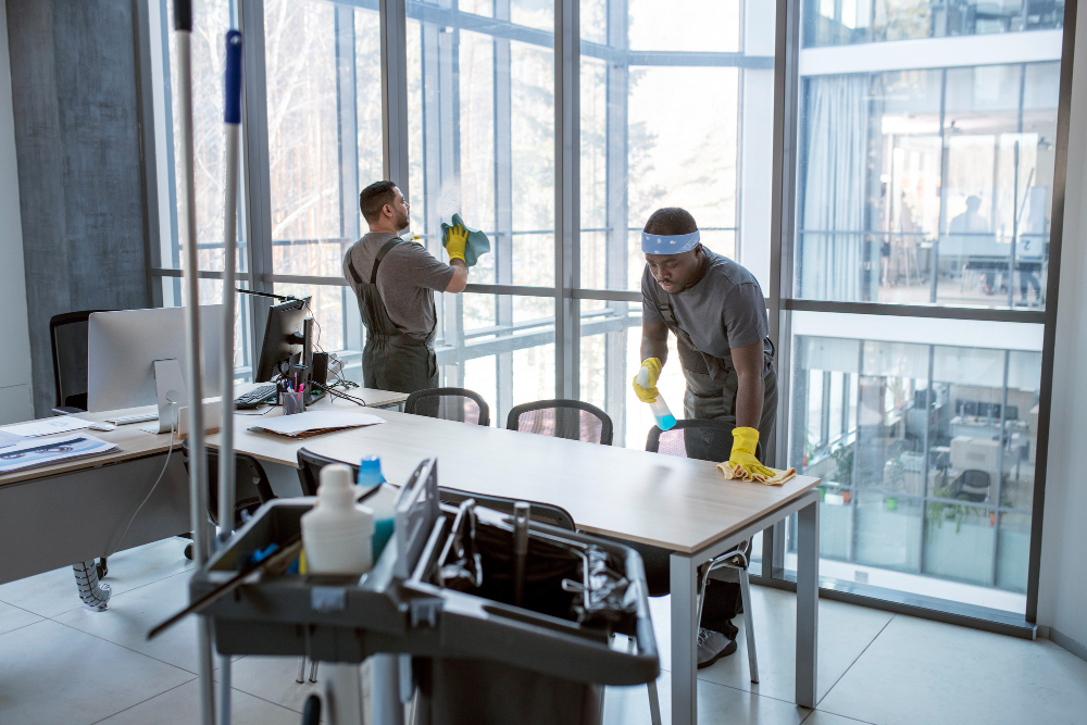 Staff at Dazzle london cleaning windows in a luxury office