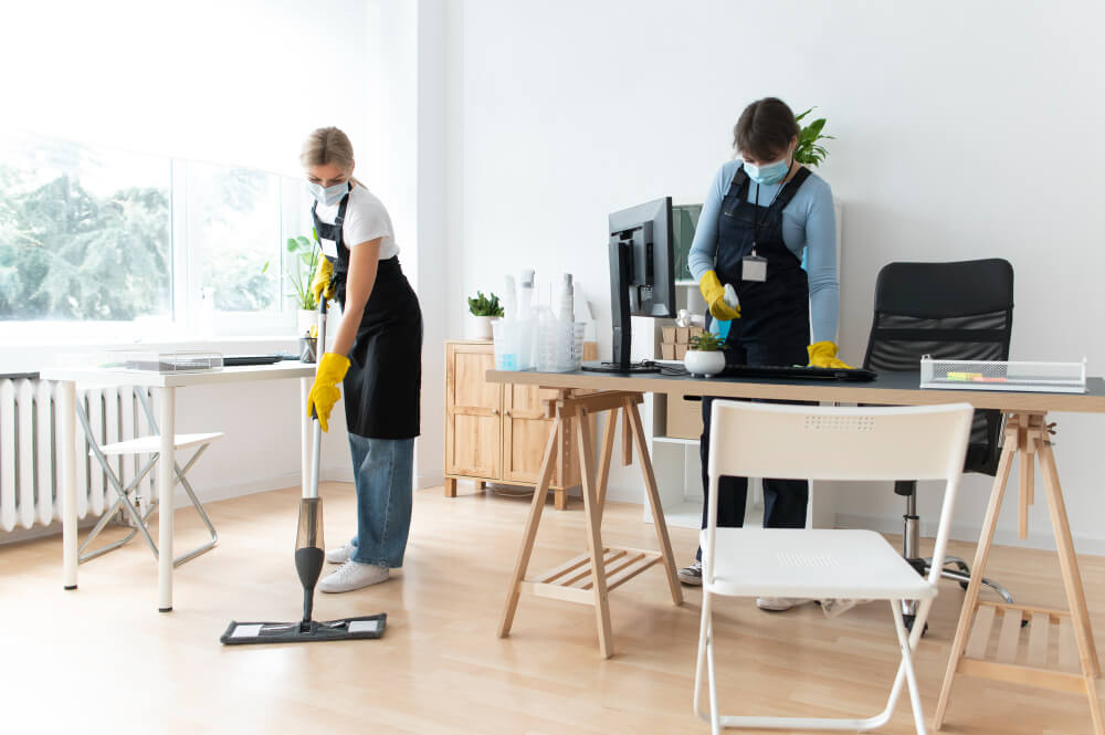 two femals staff hoovering an office