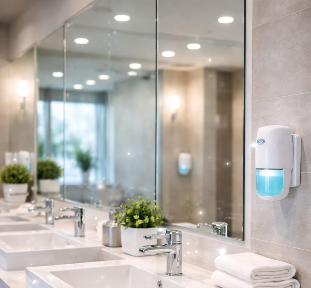 A modern washroom with towels and dispensers