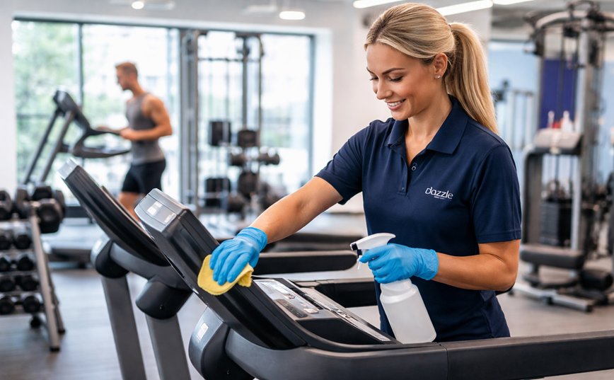 Dazzle staff member cleaning a gym