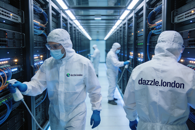 Staff in protective clothing cleaning a server room