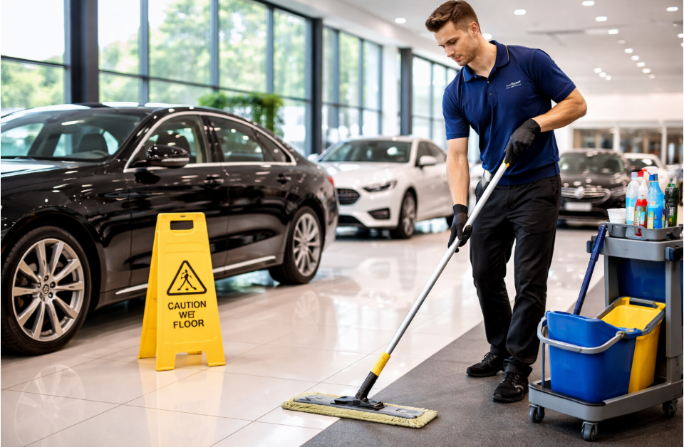 Dazzle staff member cleaning a car showroom
