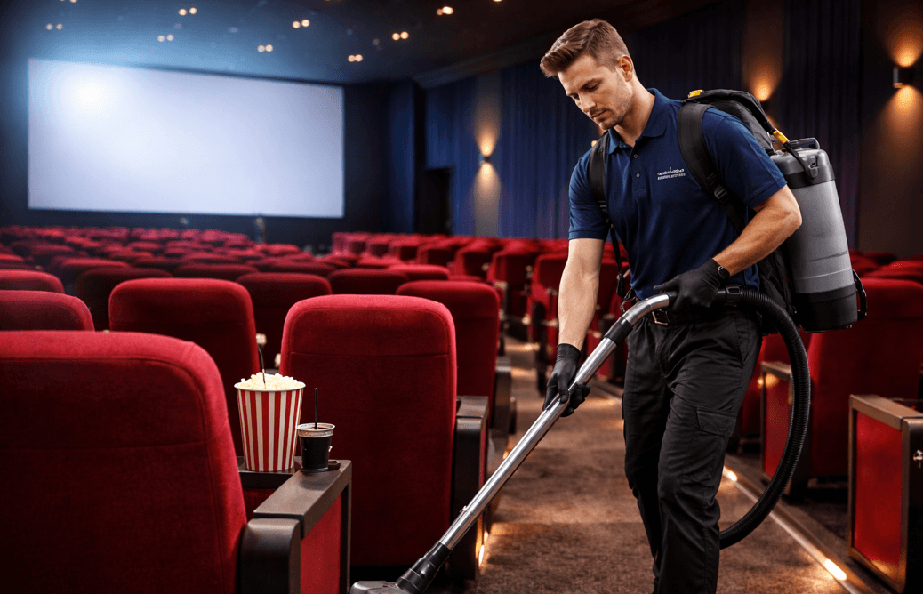 Dazzle staff member cleaning a cinema