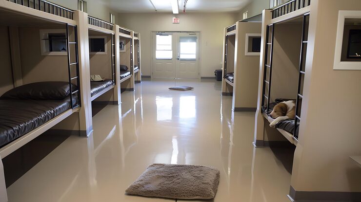 A polished floor with a dog on a bunk bed